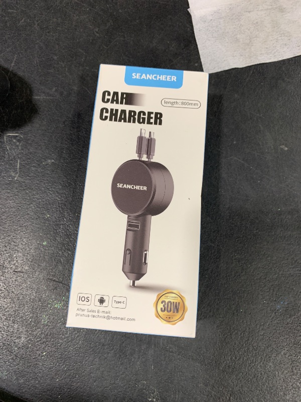 Photo 1 of SEANCHEER Retractable Car Charger for iPhone and Android Fast Charging, Car Charger with Retractable Cords(2.6Ft), USB-C Ports,Compatible with iphone15/ Pro Max 14/ Pro Max/13/12/11/iPad/Galaxy