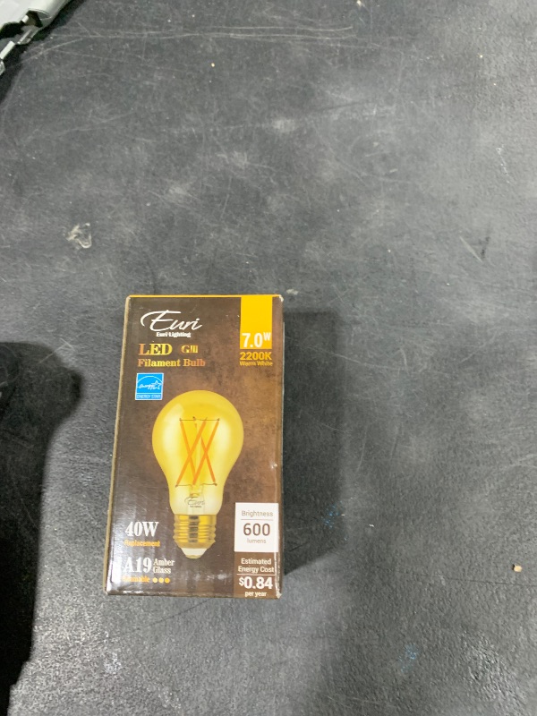 Photo 1 of Euri Lighting VA19-3020ea, Dimmable LED A19, 7W (40W Equal), Warm White (2200K), 600lm, 80 CRI, 320° Beam, E26, 120V, Amber Glass, Wet Rated, UL, Energy Star, 3YR, 15K HR WTY, One Count