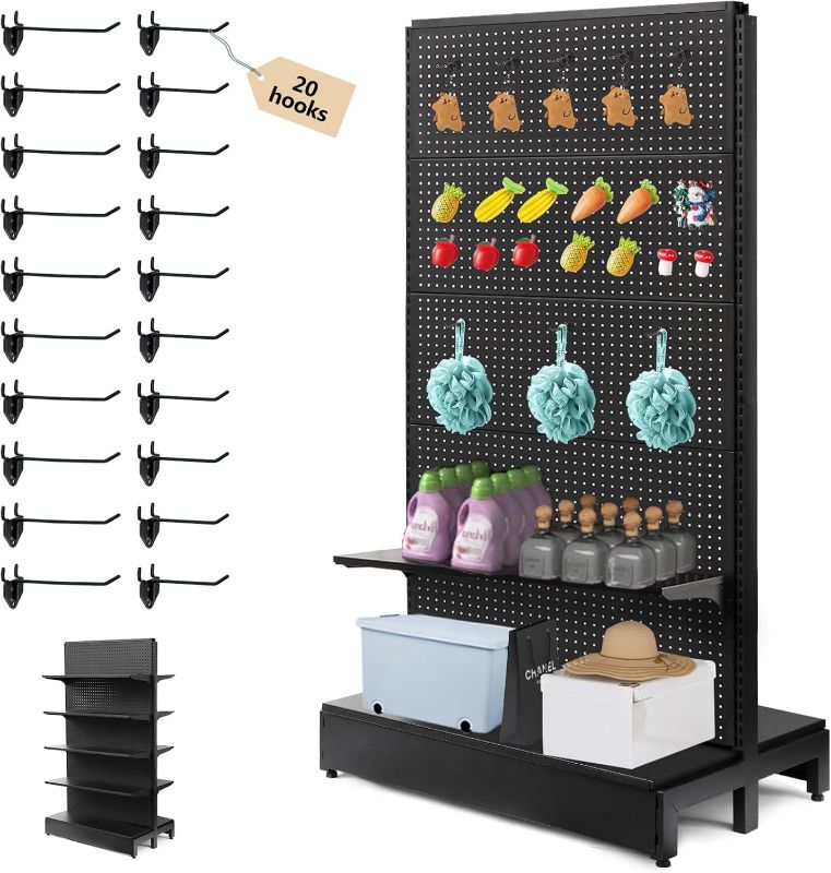 Photo 1 of Pegboard Display Stand, Gondola Retail Shelving Wall Display for Convenient Grocery Office Supply or Liquor Stores, Standing Pegboard Display Two Sides Peg Board Panels, 20 Pieces Hooks
