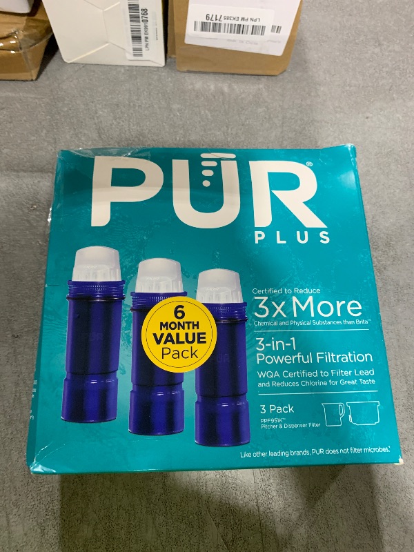 Photo 1 of PUR PLUS Lead Reducing Water Pitcher and Dispenser Replacement Filter, Value Pack, 6-month Supply, Compatible with all PUR Pitchers and Dispensers, Blue, 3 Count, PPF951K3