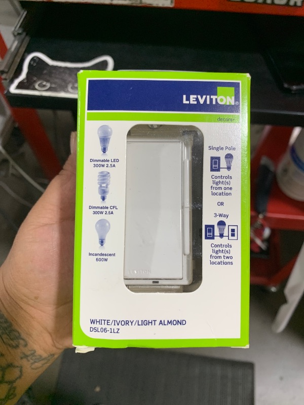 Photo 1 of Leviton Decora Slide Dimmer Switch for Dimmable LED, Halogen and Incandescent Bulbs, DSL06-1LZ, White with Ivory and Light Almond Faceplates
