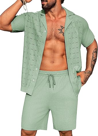 Photo 1 of URRU Men's 2 Piece Short Set Beach Vacation Outfits Casual Summer Short Sleeve Button up Shirt and Short Sets Green M