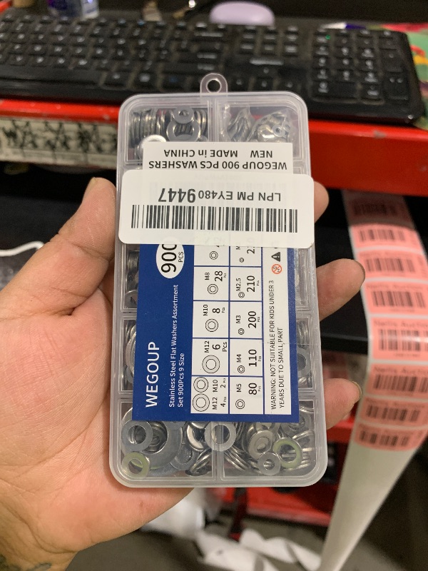 Photo 1 of WEGOUP 900 Pcs Stainless Steel Flat Washers for Screws, 304 Stainless Steel, Assorted Sizes (M2 M2.5 M3 M4 M5 M6 M8 M10 M12) for Industrial Use, Washers for Bolts