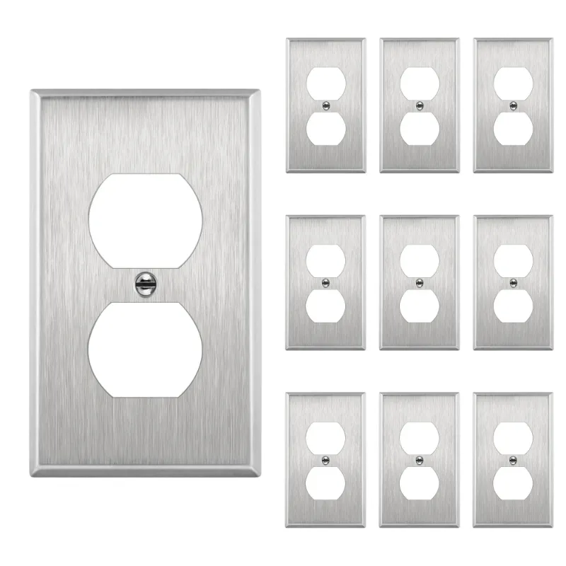 Photo 1 of ENERLITES Duplex Receptacle Outlet Metal Wall Plate, Stainless Steel Outlet Cover, Standard Size 1-Gang, UL Listed, 7721-10PCS, Silver, 10 Pack
