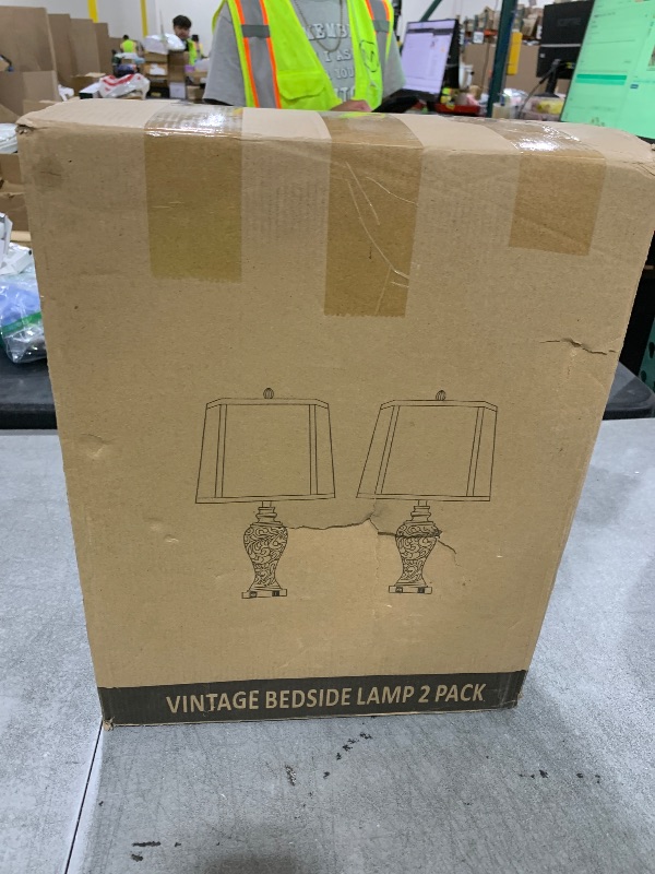 Photo 1 of 28.5'' Tall Farmhouse Vintage Table Lamp Set of 2 with Faux Silk Shade USB Ports Nightlight Decor for Bedside Living Room Bedroom Nightstands Office Home, Dark Bronze(Bulbs Included)
