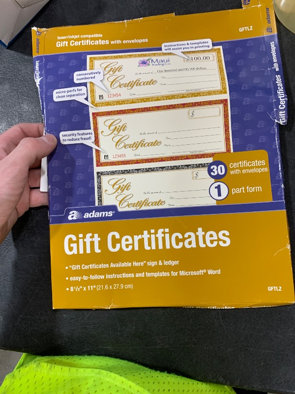 Photo 1 of Adams Gift Certificates, Laser/Inkjet Compatible, 3-Up, 30 per Pack with Envelopes (GFTLZ),White