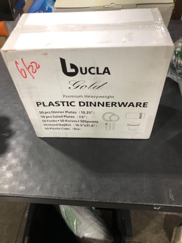 Photo 1 of bUCLA 350PCS Gold Plastic Dinnerware Set - Gold Disposable Dinnerware for 50 Guests, Includes 50 Dinner Plates, 50 Dessert Plates, 50 Forks, 50 Knives, 50 Spoons, 50 Cups & 50 Napkins for Party