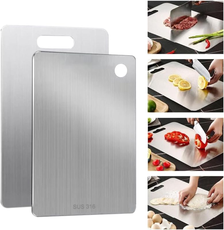 Photo 1 of  Stainless Steel Cutting Boards for kitchen, Best Food Grade Double Sided Stainless Steel Chopping Board Non Toxic Dishwasher Safe Metal Cutting Board for Meat Fruit & Vegetables 2 Pack