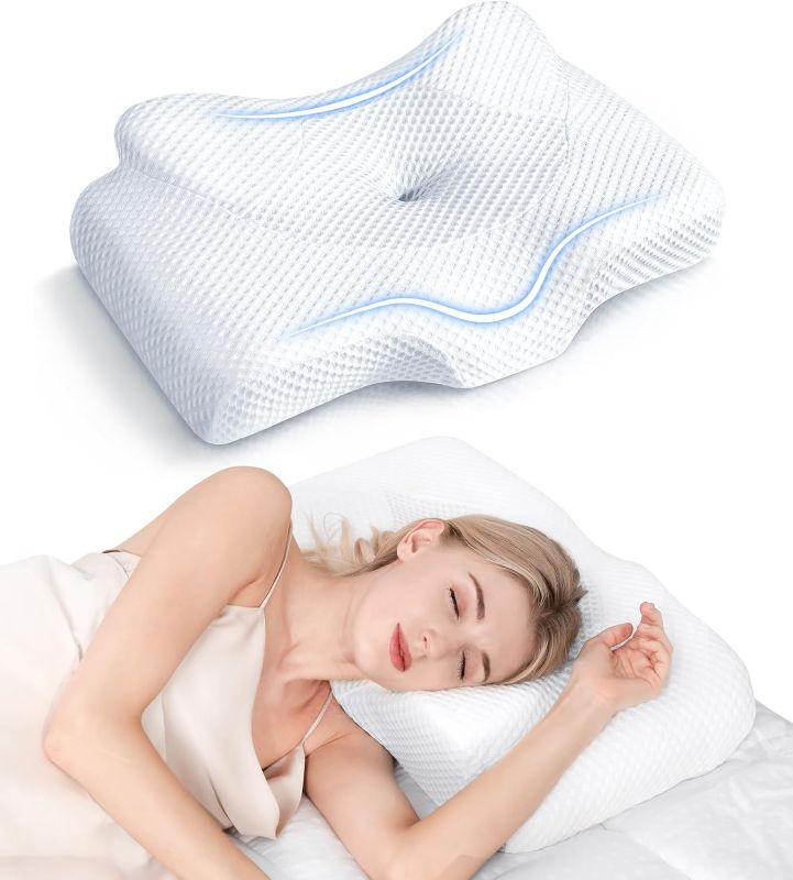 Photo 1 of Cervical Pillow for Neck Pain Relief, Hollow Design Odorless Memory Foam Pillows with Cooling Case, Adjustable Orthopedic Bed Pillow for Sleeping, Support for Side Back Sleepers