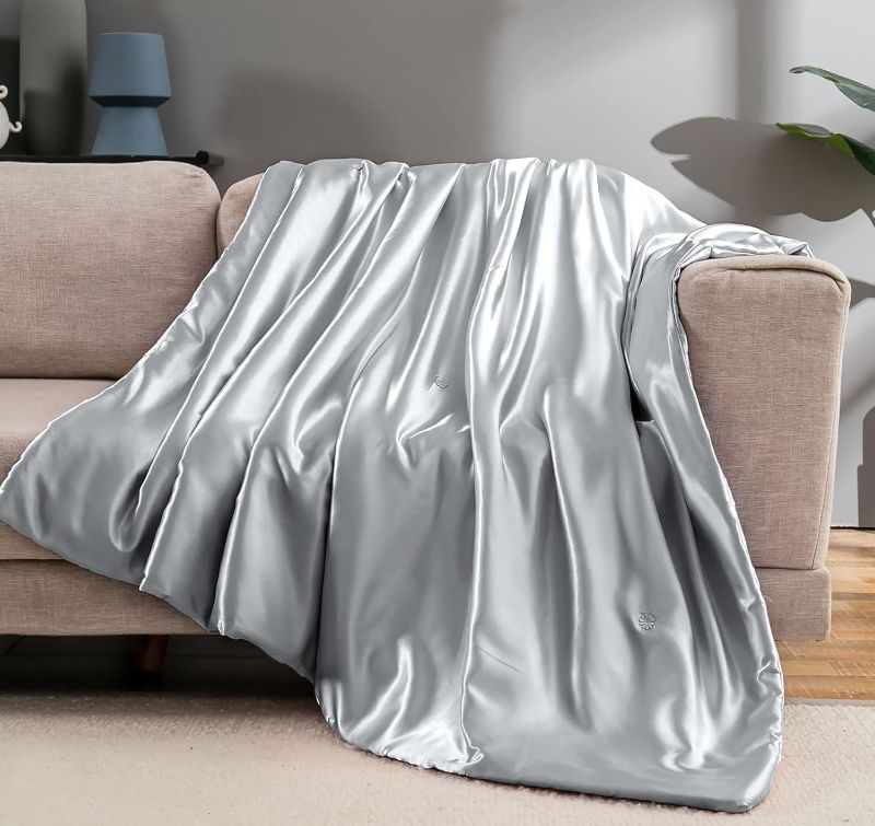 Photo 1 of Vonty Satin Throw - Silver Grey Satin Blanket, 60x80 Inches, Cooling & Silky, Wrinkle-Free, Cable Knit for Couch, Sofa, Bed, Outdoor