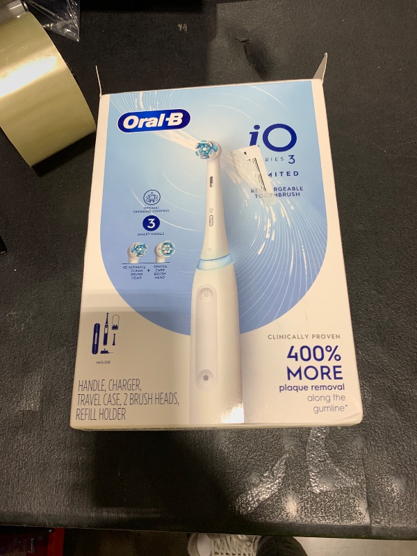 Photo 1 of Oral-B iO Deep Clean Rechargeable Electric Powered Toothbrush, White with iO Series 3 Limited, 2 Brush Heads and Travel Case - Pressure Sensor to Protect Gums - 3 Cleaning Settings - 2 Minute Timer