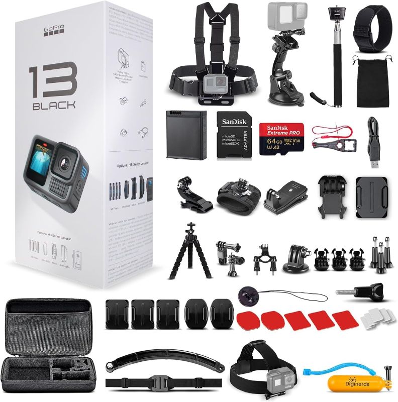 Photo 1 of GoPro HERO13 (Hero 13) Black - Waterproof Action Camera with 5.3K HDR Video, 27MP Photos, 1/1.9" Image Sensor, Live Streaming, Webcam, Stabilization + 64GB Card & 50 Piece Accessory Kit - Bundle