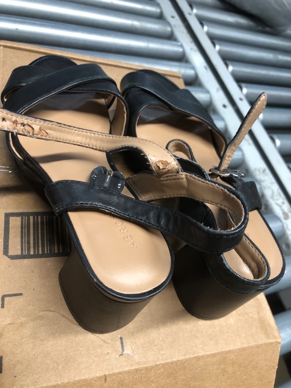 Photo 1 of **INSIDE OF STRAPS ARE DAMAGED, SOME FADING ON SIDES** Aerosoles Women's Cosmos Heeled Sandal, Black Leather, 7