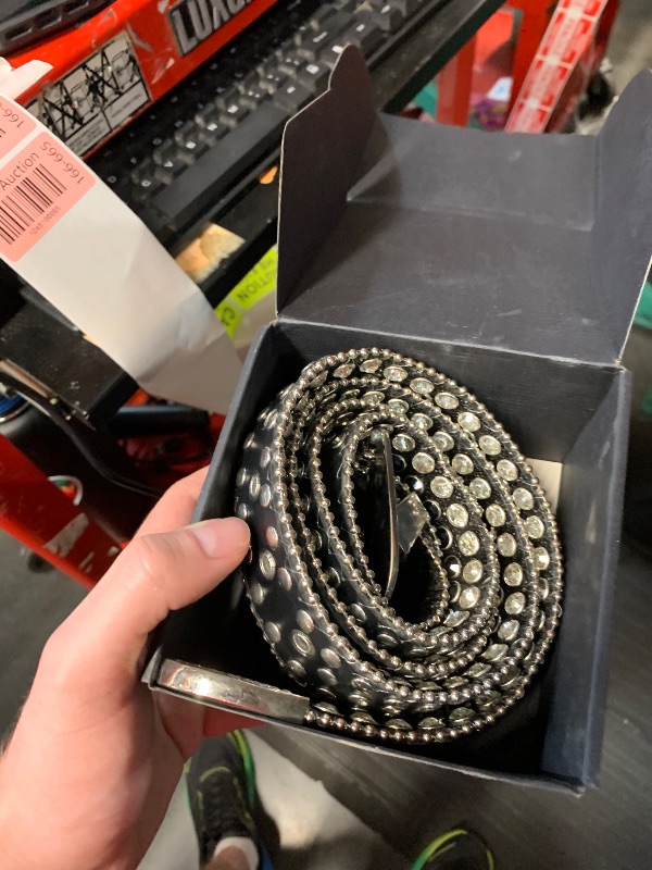 Photo 1 of (used)(minor damage) SANSTHS Women Rhinestone Belt for Jeans, Western Cowgirl Bling Studded Belt Faux Crocodile Grain Leather, Black M