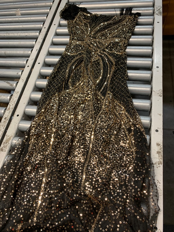 Photo 1 of (see images) FAIRY COUPLE Women's V-Neck Sequin Beaded Maxi Wedding Formal Evening Gown Dresses Black Gold L