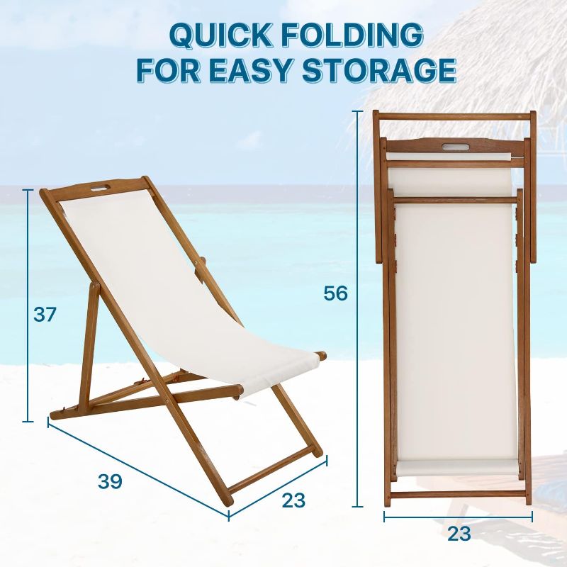 Photo 1 of (USED/FAIR) (SCRATCHED FOOD) 2 Set Outdoor Wooden Patio Lounge Chair Beach Sling Chair Set Height Portable Reclining Beach Chair Solid Wood Frame with White Polyester Canvas 3 Level,Blue