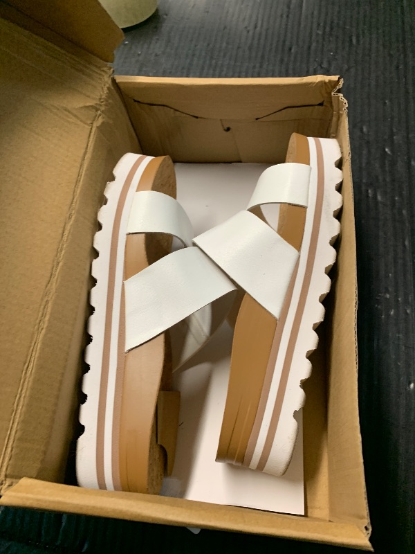 Photo 1 of (SIZE 6.5) (USED/FAIR) DREAM PAIRS Women's Platform Wedege Sandals with Arch Support, Comfortable Beach Slip-on Flat Sandals, Casual 2-Strap Cork Cushion Slides for Women,Size 6.5,White,SDPW2415W