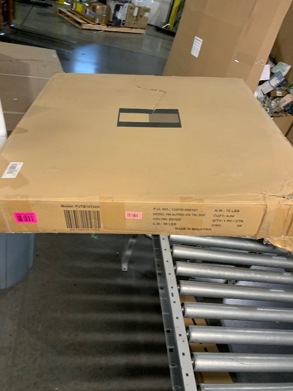 Photo 1 of Finch Alfred Round Solid Wood Rustic Dining Table for Farmhouse Kitchen Room Decor, Wooden Trestle Pedestal Base, 46.5" Wide Circular Tabletop, Distressed Beige, 47 in x 47 in x 29.2 in