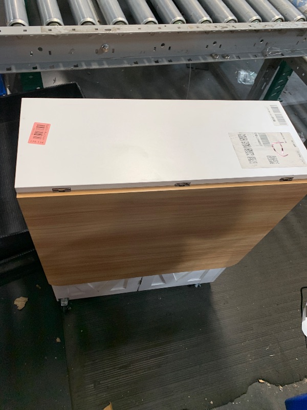 Photo 1 of Space Saving Folding Dining Table, Farmhouse Foldable Dining Table with Drawer and 2-Layer Storage Shelf, 6 Wheels Multipose Expandable Kitchen Drop Leaf Table for Small Space (Pear Wood White)