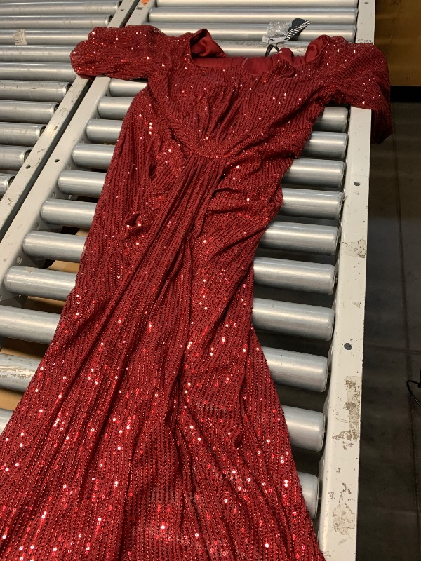 Photo 1 of (XL) Women's Plus Size Off Shoulder Puff Sleeve Sequin Formal Maxi Dress Evening Party Gowns Red XL