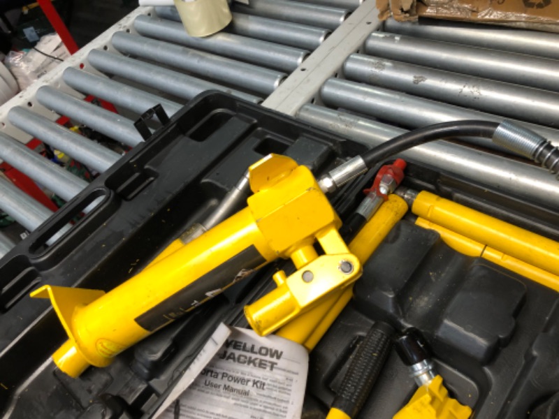 Photo 1 of ***HEAVILY USED - MAJOR DAMAGE - LEAKING OIL - SEE PICTURES***
YELLOW JACKET 4 ton Porta Power Kit Hydraulic Ram Jack Pusher Puller Auto Body Frame Repair Tool with Blow Mold Carrying Storage Case for Car Repair,Truck,Farm