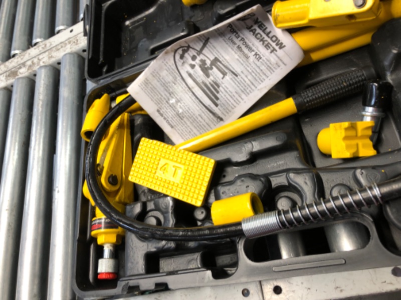 Photo 1 of ***HEAVILY USED - MAJOR DAMAGE - LEAKING OIL - SEE PICTURES***
YELLOW JACKET 4 ton Porta Power Kit Hydraulic Ram Jack Pusher Puller Auto Body Frame Repair Tool with Blow Mold Carrying Storage Case for Car Repair,Truck,Farm