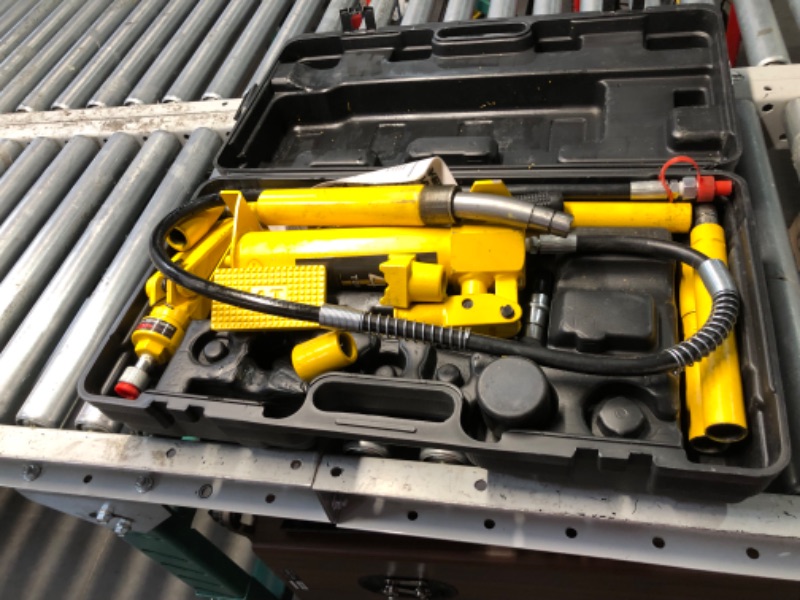 Photo 1 of ***HEAVILY USED - MAJOR DAMAGE - LEAKING OIL - SEE PICTURES***
YELLOW JACKET 4 ton Porta Power Kit Hydraulic Ram Jack Pusher Puller Auto Body Frame Repair Tool with Blow Mold Carrying Storage Case for Car Repair,Truck,Farm