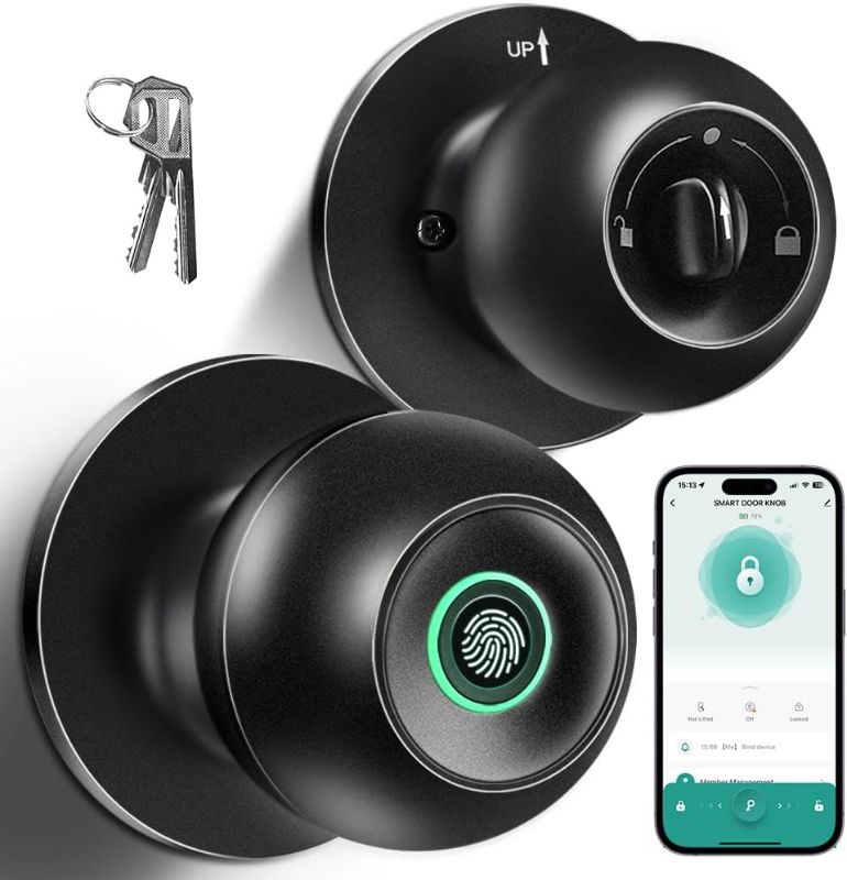 Photo 1 of (PARTIAL SET) (USED/FAIR) Fingerprint Door Lock, Smart Fingerprint Door Knob with Lock, Biometric Door knob with App Control & Key, Keyless Thumbprint Entry Door Lock for Bedroom, Front Door, Home, Apartment Office and Garages