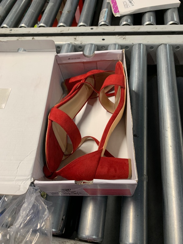 Photo 1 of (9.5) (USED/FAIR) FW FRAN WILLOR Women Open Toe Low Chunky Short Red Heels Ankle Strap Block Heel Sandals Party Dress Wedding Pump Shoes