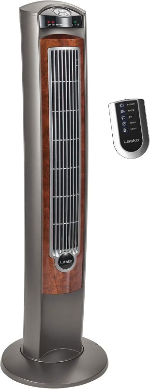 Photo 1 of (see all images) Lasko Oscillating Tower Fan with Remote, Quiet Floor Fans for Bedroom, 42", Woodgrain and Grey
