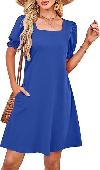 Photo 1 of 
Summer Dresses for Women 2025 Casual Cute Square Neck Puff Short Sleeve Dress with Pockets
blue med