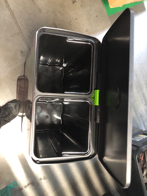 Photo 1 of ***DAMAGED - DENTED - SEE PICTURES***
Amazon Basics Dual Compartment Recycling Trash Can with Soft-Close Lid and Removable Liner Buckets, 60 Liters, Rectangular, Grey, Silver, 22.8 x 14.2 x 23.7 inches (LxWxH)