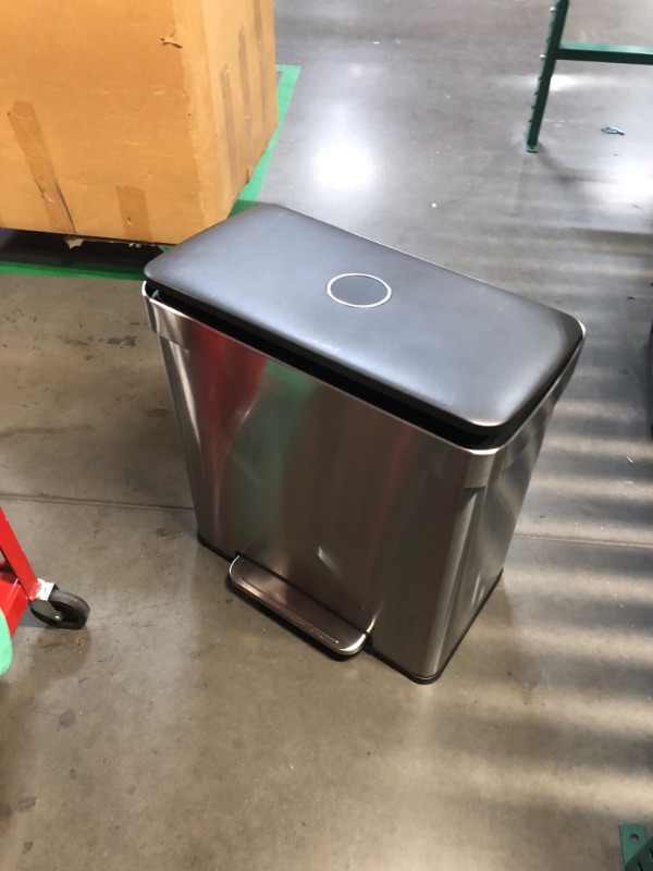Photo 1 of ***DAMAGED - DENTED - SEE PICTURES***
Amazon Basics Dual Compartment Recycling Trash Can with Soft-Close Lid and Removable Liner Buckets, 60 Liters, Rectangular, Grey, Silver, 22.8 x 14.2 x 23.7 inches (LxWxH)