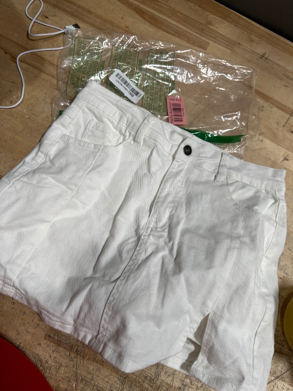 Photo 1 of (BAGGED) (USED/FAIR) luvamia Skort Skirt, High Waisted Denim Mini Skirt with Side Slit, Brilliant White, Women's Size Medium