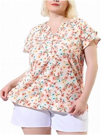 Photo 1 of *PHOTO FOR REFRENCE ACTUAL COLOR LIGHT BLUE* Agnes Orinda Women's Plus Size Tops Retro Floral V Neck Tiered Short Sleeve Blouses 1X Pink