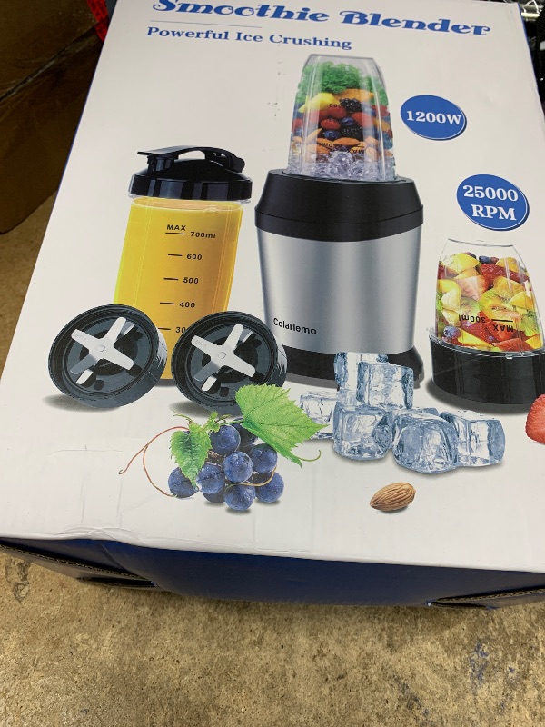 Photo 1 of ***FOR PARTS*** Colarlemo 12-Piece Smoothie Blender Maker 25,000 RPM Personal Blender for Ice Crushing Smoothies & Frozen Drinks Nuts with 23oz, 32oz, 37oz Portable Cups Two 6-Leaf Stainless Steel Blades, Silver
