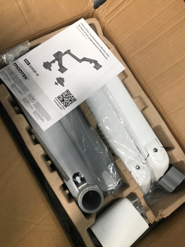 Photo 1 of (PARTIAL SET) (UNTESTED) monTEK Dual Monitor Arm for up to 57" and 59.4 lbs Ultrawide Screen, Aluminum Heavy-Duty Gas Spring Vertical Stackable Curved Screen Adjustable Monitor Stand, 75/100mm Vesa Mount, White