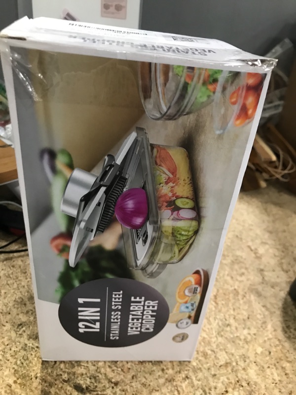 Photo 1 of 12-in-1 Vegetable Chopper, Mandoline Food Slicer for Kitchen, Cheese Grater, Veggie Chopper with Container, Vegetable Cutter for Onion, Salad and Fruit- Stainless Steel, Home Essential Tools