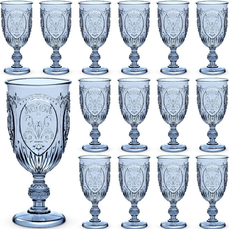 Photo 1 of ****Not complete set*** Wiwiqing 36 Pack Plastic Goblets 10oz Upgrade Vintage Water Goblet Plastic Wine Glasses Colored Retro Embossed Glassware for Party Wine Bar Juice Baby Shower Wedding Reception Grand (Blue)