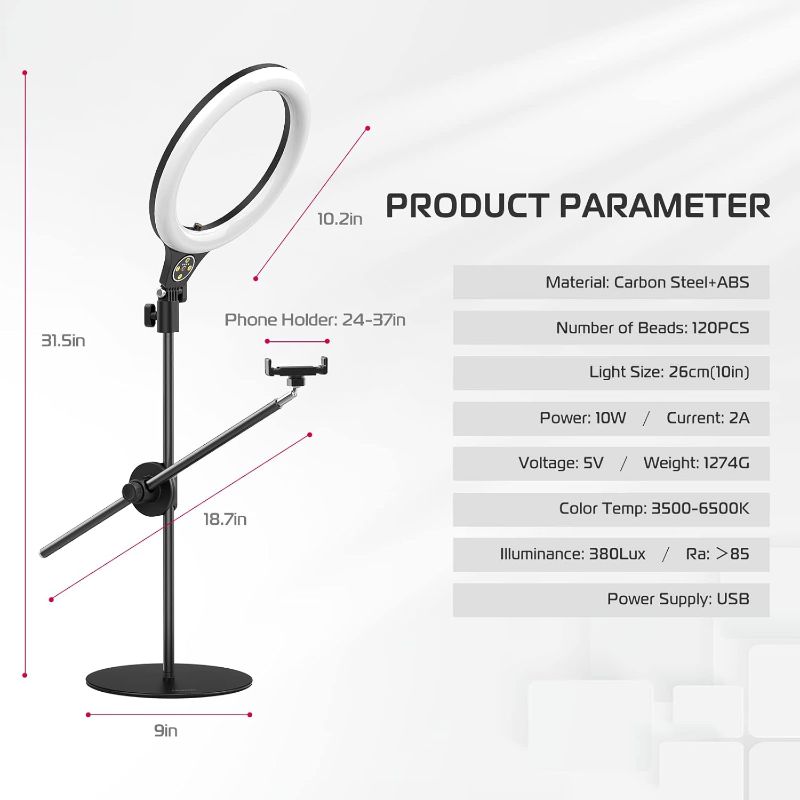 Photo 1 of (PATIAL SET) [Upgraded Base] ULANZI Overhead Phone Mount with 10" Selfie Ring Light, Tabletop Light Stand with 360° Shooting Arm, 3500k-6500K Dimmable Ring Light for Video Recording, Live Stream, Portrait & Makeup