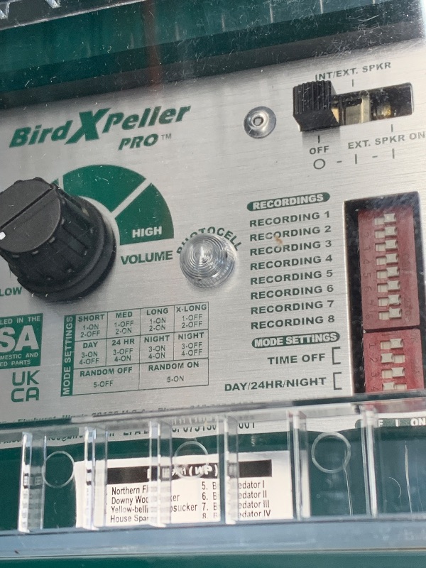 Photo 1 of (see all images) Bird-X Woodpecker PRO Electronic Bird Preventer, Sonic Decoy Device, Perfect for Woodpeckers and Sparrows, Covers up to 1 Acre, 3-5 kHz Frequency, 6" x 8.5" x 4"