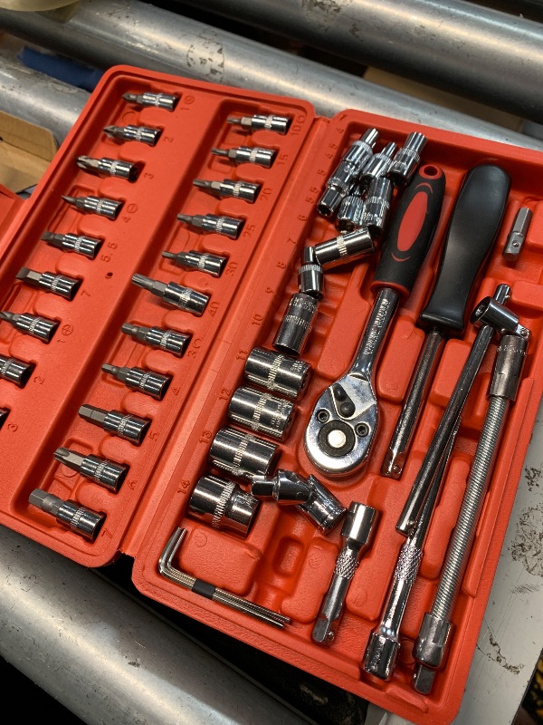 Photo 1 of (used)(incomplete) Egofine 46 Pieces 1/4 inch Drive Socket Ratchet Wrench Set, with Bit Socket Set Metric and Extension Bar