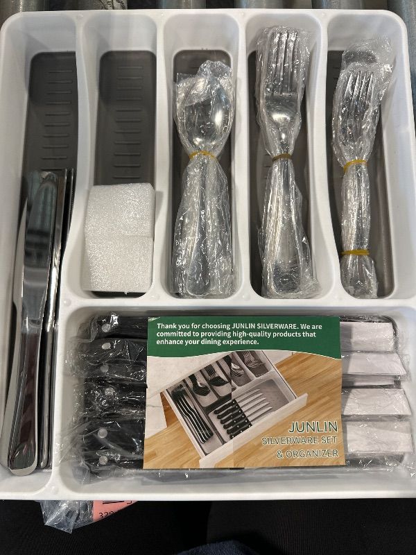 Photo 1 of **BIG SPOONS MISSING** 49-Piece Stainless Steel Silverware Set with Cutlery Organizer, Service for 8 with Steak Knives and Kitchen Utensils