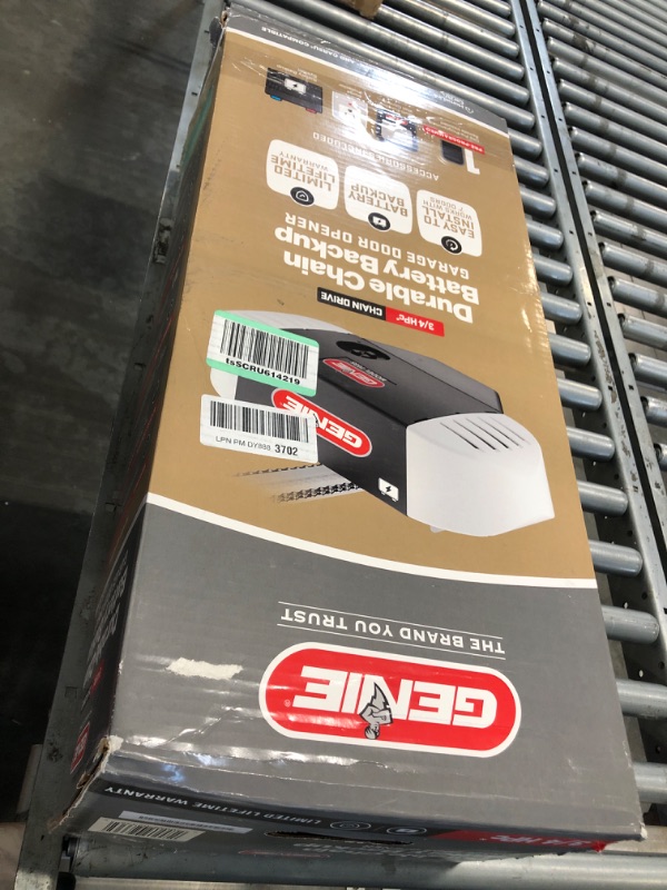 Photo 1 of ***Missing hardware***Genie Chain Drive 750 Garage Door Opener with Battery Backup, Surge Protector and one Single Button Garage Door Remote
