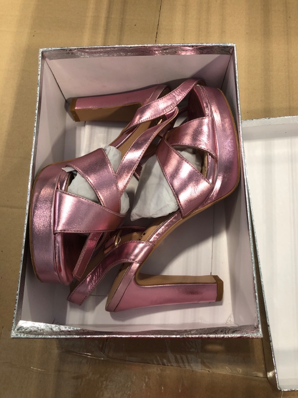 Photo 1 of ***USED***Abbleet Platform High Heels for Women Strappy Chunky Heels Sandals for Women Open Toe Block Heeled Sandals with Ankle Strap Summer Dress Shoes(Pink Gold,8)