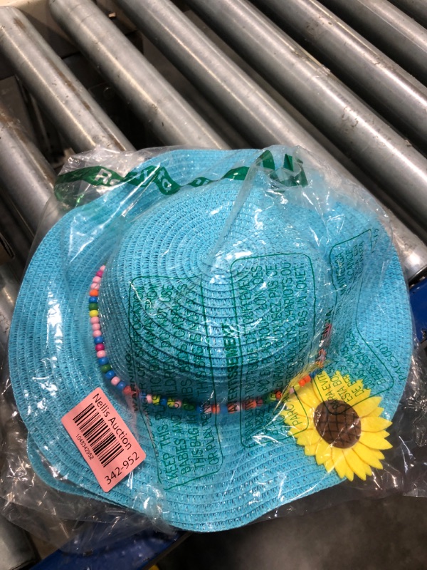 Photo 1 of **ONLY HAT**Summer Straw Hat for Girls Large Brim Sunflower Beach Hat Cute Flower Sun Hat with Flower Round Sunglasses (Sky Blue)
