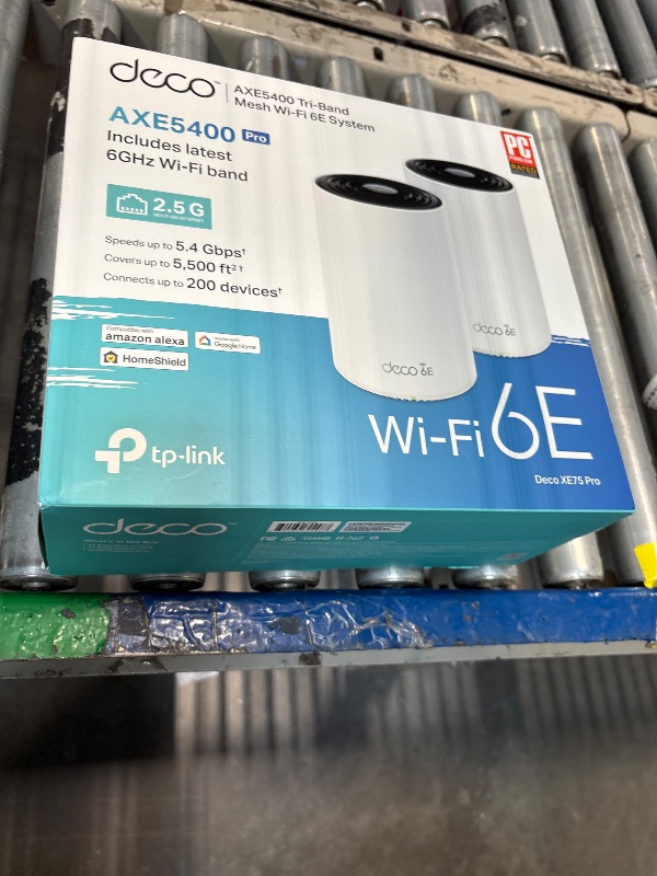 Photo 1 of ***ONLY ONE IS FUNCTIONAL, THE OTHER IS BRICKED/ FOR PARTS***TP-Link Deco XE75 Pro AXE5400 Tri-Band WiFi 6E Mesh System - 2.5G WAN/LAN Port, Covers up to 5500 Sq.Ft, Replaces WiFi Router and Extender, AI-Driven Mesh, New 6GHz Band, 2-Pack