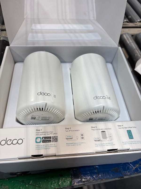 Photo 1 of ***ONLY ONE IS FUNCTIONAL, THE OTHER IS BRICKED/ FOR PARTS***TP-Link Deco XE75 Pro AXE5400 Tri-Band WiFi 6E Mesh System - 2.5G WAN/LAN Port, Covers up to 5500 Sq.Ft, Replaces WiFi Router and Extender, AI-Driven Mesh, New 6GHz Band, 2-Pack