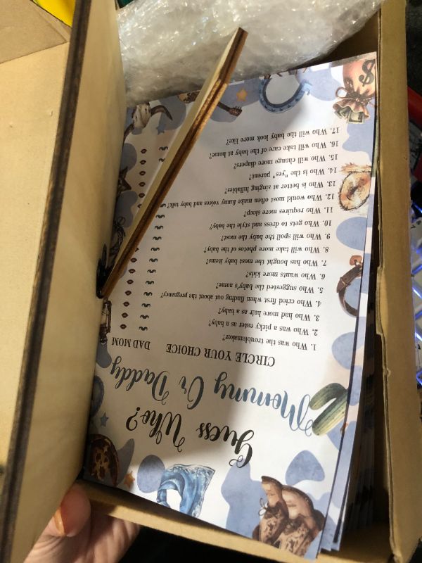 Photo 1 of ***MISSING PIECES***Patelai 321 Pcs Cowboy Baby Shower Games Supply for Girl or Boy 5 Set Include 50 Activity Cards 20 Pencils 1 Don't Say Baby Sign 50 Clothespins for Price Is Right Prediction Bingo Game Party Decor