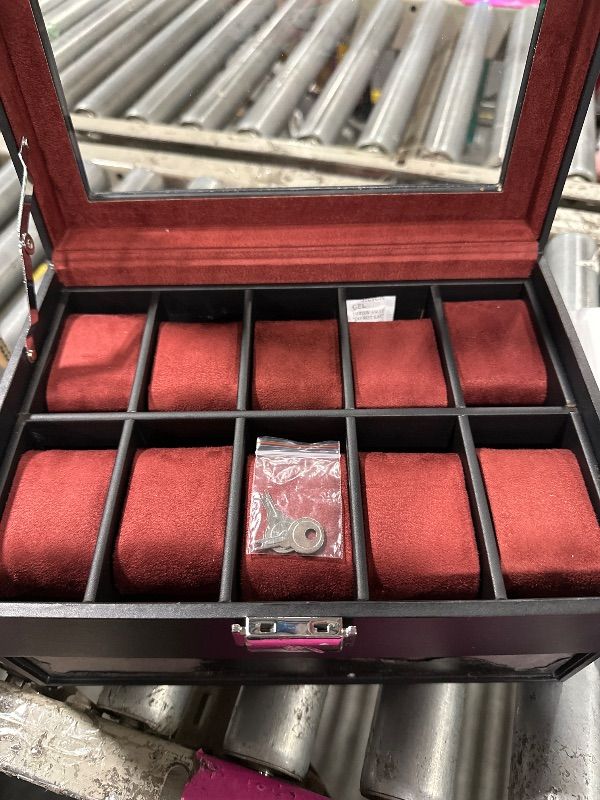 Photo 1 of **DAMAGE IS TO THE BOTTOM DRAWER** SONGMICS Watch Box, 20-Slot Watch Case Organizer with Large Glass Lid, Removable Pillows, Metal Lock, Gift for Loved Ones, Black Synthetic Leather, Wine Red Lining UJWB020R01